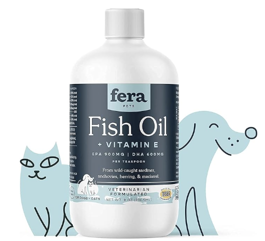 Product Shot: Green, light blue, and white bottle of Fera Fish Oil with Vitamin E
